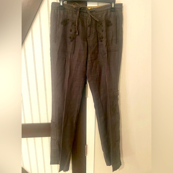 Da-Nang Pants Womens Sz Small Embroidered Green 100%Linen Cargo Vintage - Picture 1 of 8